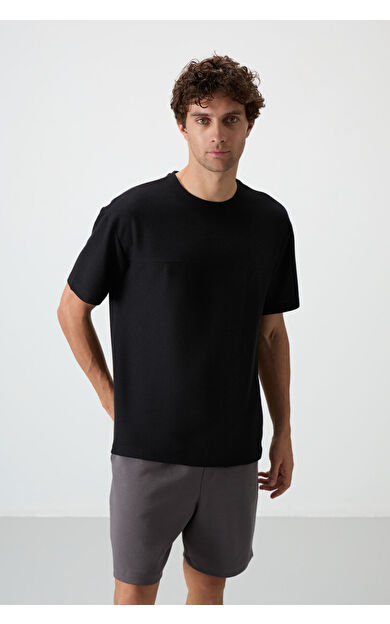 Air Jones Siyah Waffle İnterlok Yüzeyi Dokulu Oversize Fit Basic Erkek T-Shirt - 88380