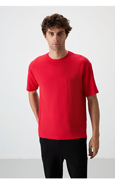 Air Jones Kırmızı Waffle İnterlok Yüzeyi Dokulu Oversize Fit Basic Erkek T-Shirt - 88380