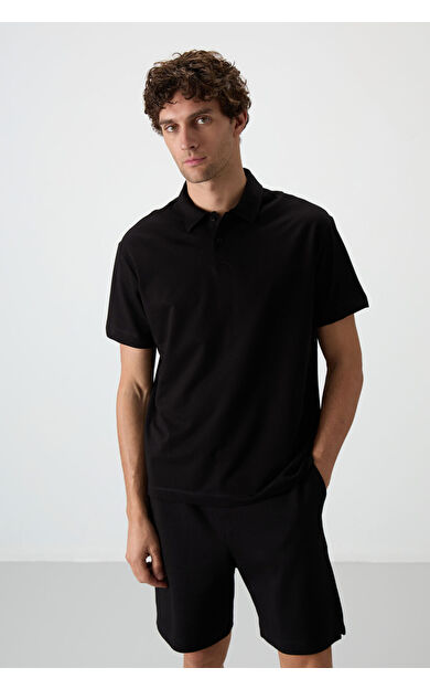 Air Jones Siyah Pamuklu Kalın Yumuşak Dokulu Polo Yaka Oversize Fit Basic Erkek T- Shirt - 88381