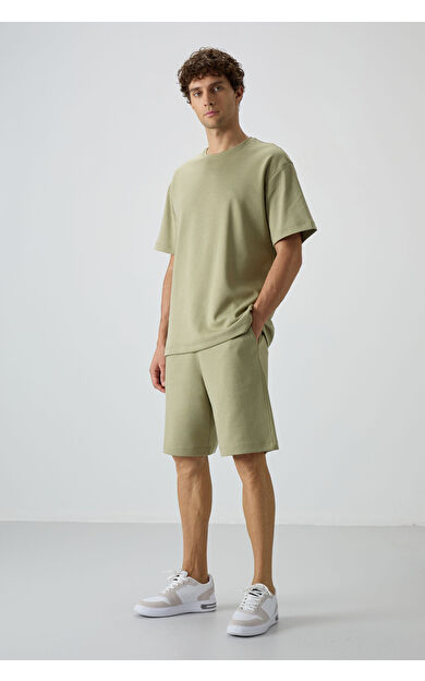 Air Jones Açık Çağla Pamuklu Kalın Yumuşak Dokulu Oversize Fit Basic Erkek Şort Takım - 85249