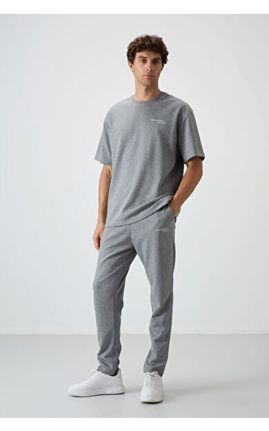 Air Jones Gri Melanj Pamuklu Kalın Yumuşak Dokulu Oversize Fit Nakışlı Erkek Eşofman Takım - 85252