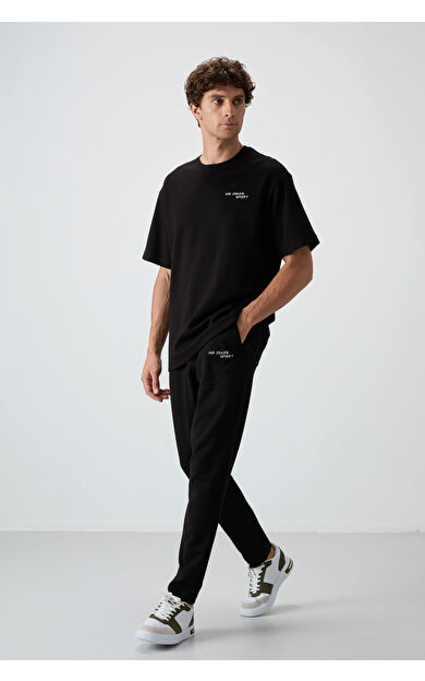 Air Jones Siyah Pamuklu Kalın Yumuşak Dokulu Oversize Fit Nakışlı Erkek Eşofman Takım - 85252