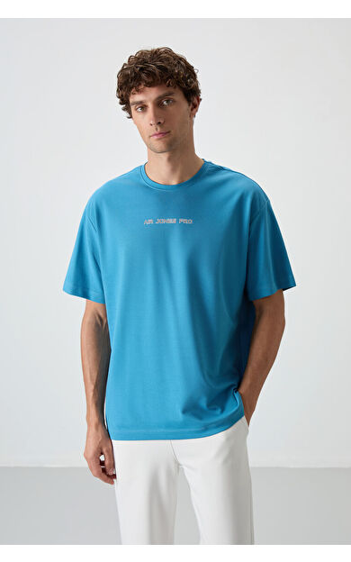 Air Jones Petrol Mavi Pamuklu Kalın Yüzeyi Dokulu Oversize Fit  Baskılı Erkek T-Shirt - 88364