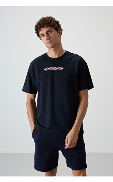 Air Jones Lacivert Pamuklu Kalın Yüzeyi Dokulu Oversize Fit  Baskılı Erkek T-Shirt - 88365