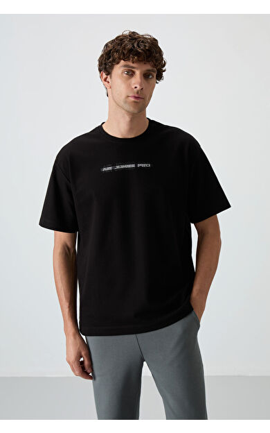 Air Jones Siyah Pamuklu Kalın Yüzeyi Dokulu Oversize Fit  Baskılı Erkek T-Shirt - 88365