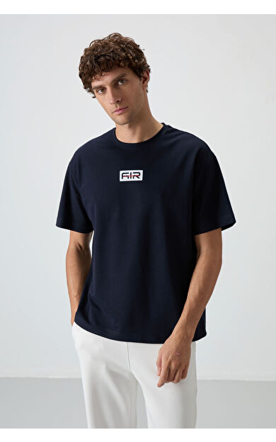 Air Jones Lacivert Pamuklu Kalın Yüzeyi Dokulu Oversize Fit  Baskılı Erkek T-Shirt - 88367