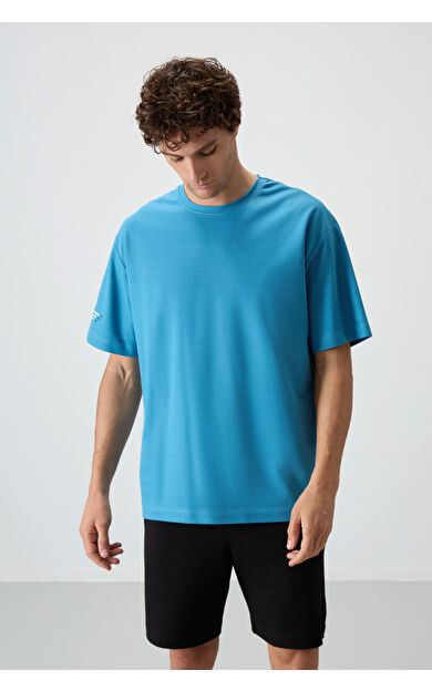 Air Jones Petrol Mavi Pamuklu Kalın Yüzeyi Dokulu Oversize Fit  Baskılı Erkek T-Shirt - 88369