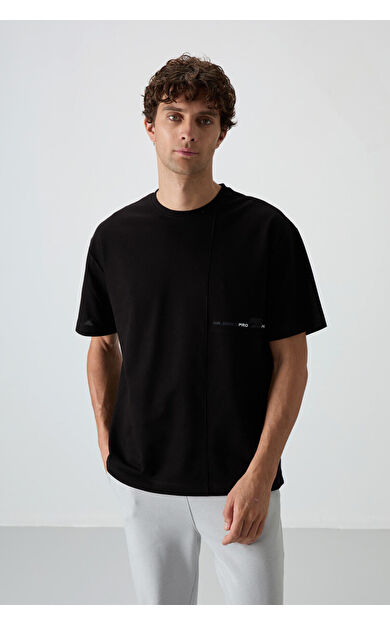 Air Jones Siyah Pamuklu Kalın Yüzeyi Dokulu Oversize Fit  Baskılı Erkek T-Shirt - 88370