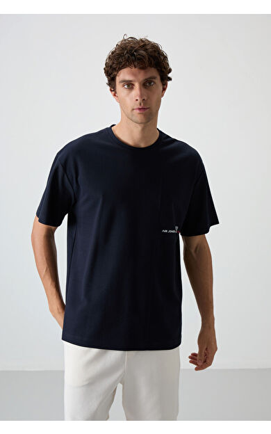 Air Jones Lacivert Pamuklu Kalın Yüzeyi Dokulu Oversize Fit  Baskılı Erkek T-Shirt - 88370