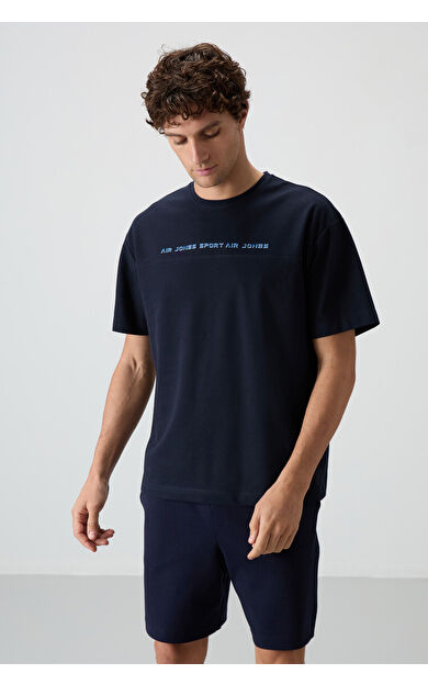 Air Jones Lacivert Pamuklu Kalın Yüzeyi Dokulu Oversize Fit  Baskılı Erkek T-Shirt - 88371