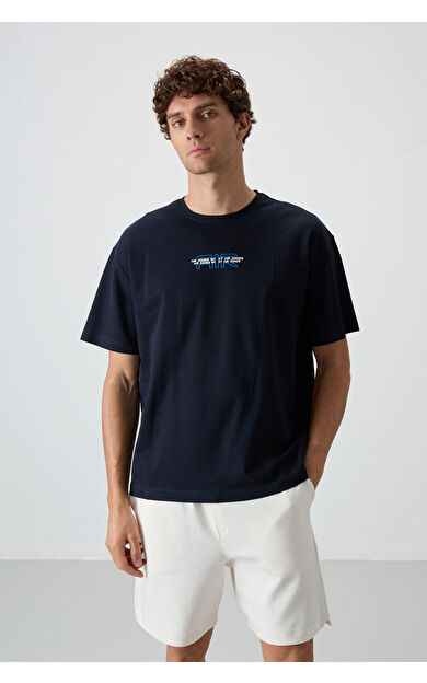 Air Jones Lacivert Pamuklu Kalın Yüzeyi Dokulu Oversize Fit  Baskılı Erkek T-Shirt - 88372
