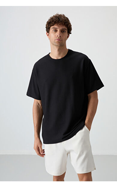 Air Jones Siyah Waffle İnterlok Yüzeyi Dokulu Oversize Fit Basic Erkek T-Shirt - 88379