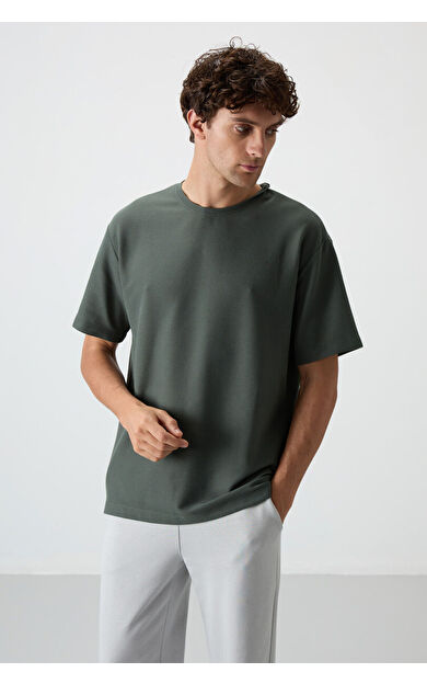 Air Jones Haki Waffle İnterlok Yüzeyi Dokulu Oversize Fit Basic Erkek T-Shirt - 88379