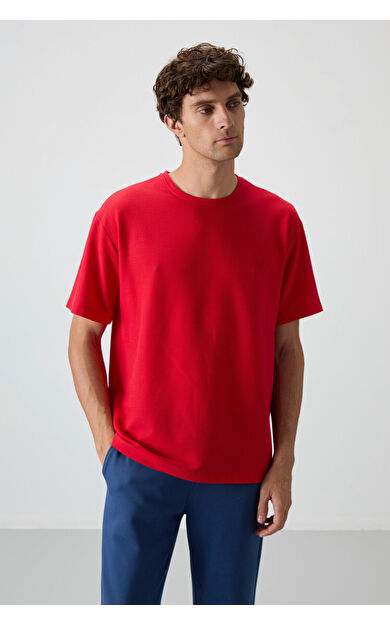 Air Jones Kırmızı Waffle İnterlok Yüzeyi Dokulu Oversize Fit Basic Erkek T-Shirt - 88379