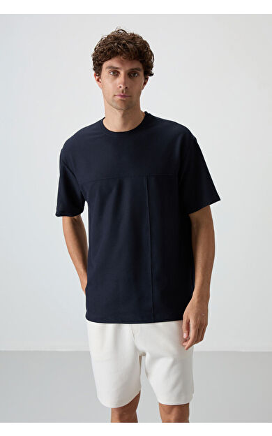 Air Jones Lacivert Waffle İnterlok Yüzeyi Dokulu Oversize Fit Basic Erkek T-Shirt - 88380