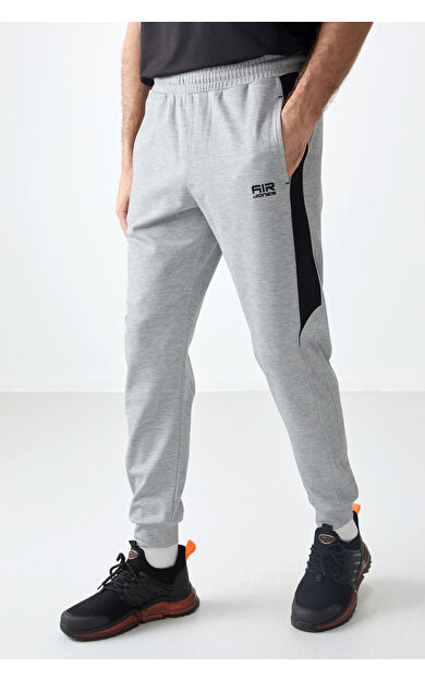 Air Jones Gri Melanj Yüzeyi Dokulu Standart Fit Nakışlı Erkek Eşofman Alt - 82126