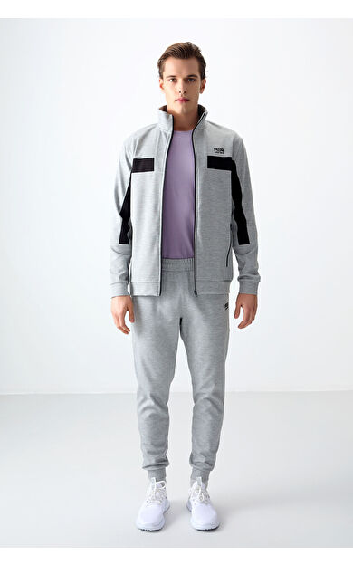 Air Jones Gri Melanj Yüzeyi Dokulu Standart Fit Nakışlı Erkek Eşofman Takım - 85248