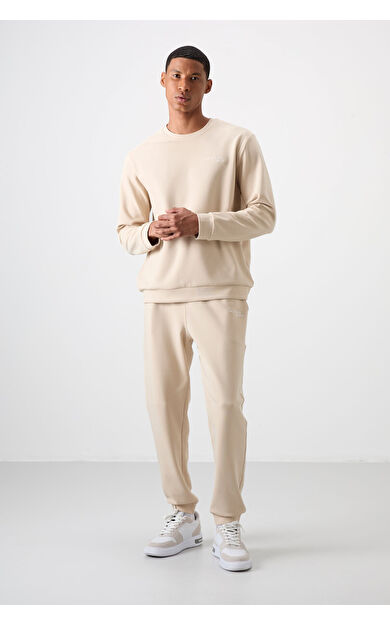 Air Jones Bej Pamuklu Kalın Yumuşak Dokulu Comfort Fit Nakışlı Erkek Eşofman Takım - 85254