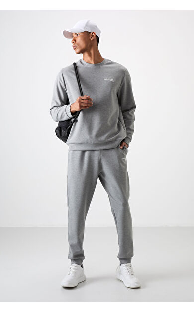 Air Jones Gri Melanj Pamuklu Kalın Yumuşak Dokulu Comfort Fit Nakışlı Erkek Eşofman Takım - 85254