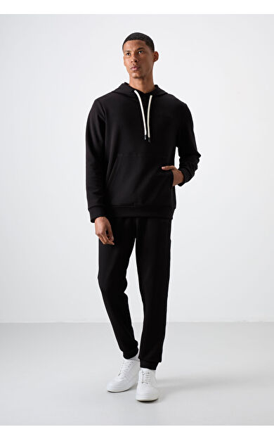 Air Jones Siyah - Siyah Pamuklu Kalın Yumuşak Dokulu Comfort Fit Nakışlı Erkek Eşofman Takım - 85255