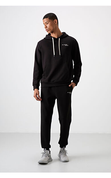 Air Jones Ekru - Siyah Pamuklu Kalın Yumuşak Dokulu Comfort Fit Nakışlı Erkek Eşofman Takım - 85255