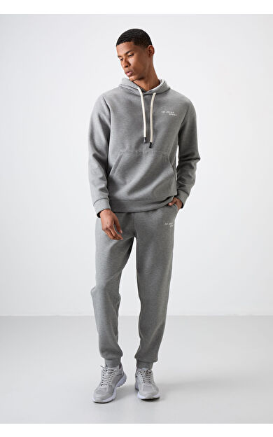 Air Jones Gri Melanj Pamuklu Kalın Yumuşak Dokulu Comfort Fit Nakışlı Erkek Eşofman Takım - 85255