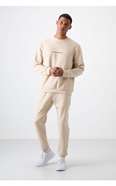 Air Jones Bej Pamuklu Kalın Yumuşak Dokulu Comfort Fit Baskılı Erkek Eşofman Takım - 85253