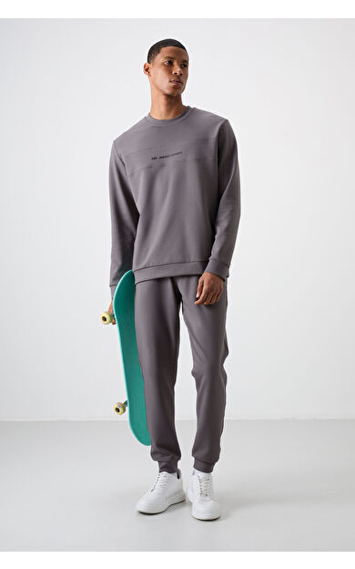Air Jones Koyu Gri Pamuklu Kalın Yumuşak Dokulu Comfort Fit Baskılı Erkek Eşofman Takım - 85253