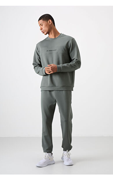 Air Jones Haki - Haki Pamuklu Kalın Yumuşak Dokulu Comfort Fit Baskılı Erkek Eşofman Takım - 85253