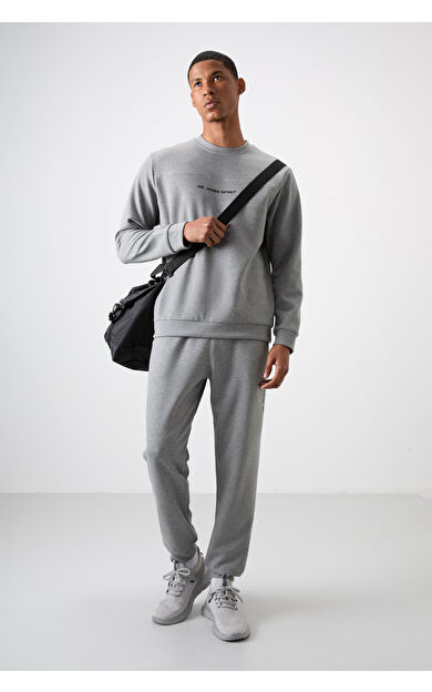 Air Jones Gri Melanj Pamuklu Kalın Yumuşak Dokulu Comfort Fit Baskılı Erkek Eşofman Takım - 85253