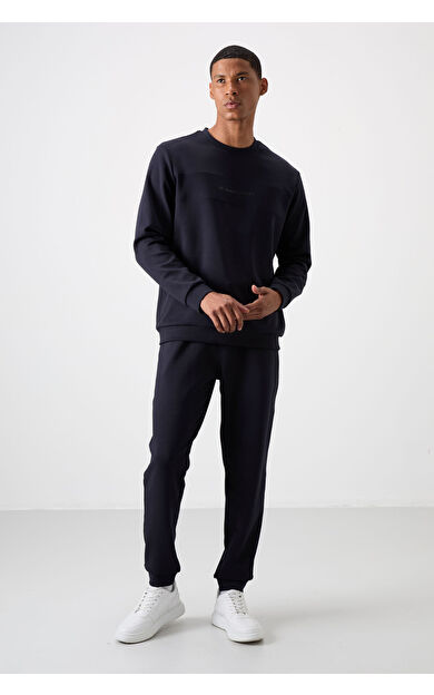 Air Jones Lacivert Pamuklu Kalın Yumuşak Dokulu Comfort Fit Baskılı Erkek Eşofman Takım - 85253