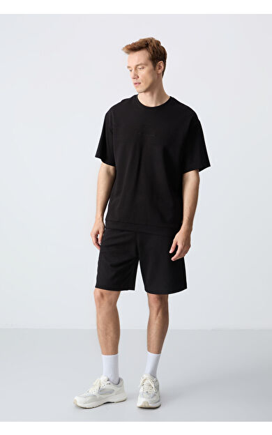 Air Jones Siyah Pamuklu Kalın Yumuşak Dokulu Oversize Fit Basic Erkek Şort Takım - 85257