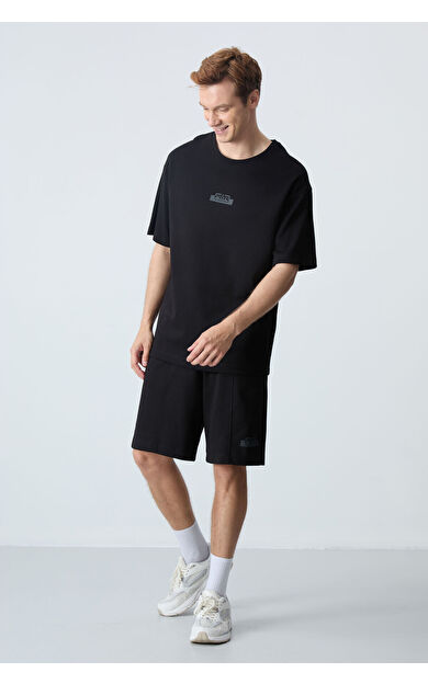 Air Jones Siyah Pamuklu Kalın Yumuşak Dokulu Oversize Fit Basic Erkek Şort Takım - 85259