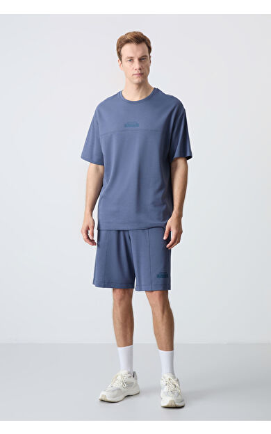 Air Jones Petrol Pamuklu Kalın Yumuşak Dokulu Oversize Fit Basic Erkek Şort Takım - 85259