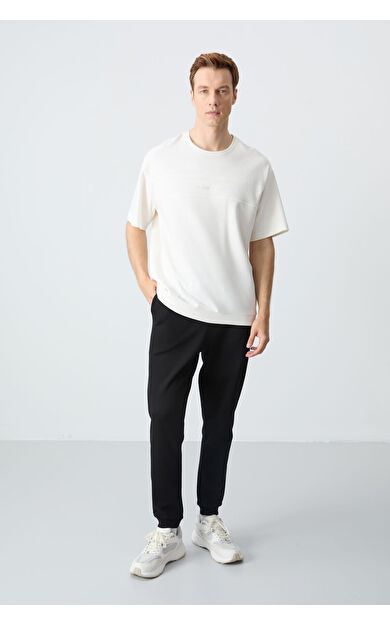 Air Jones Ekru Siyah Pamuklu Kalın Yumuşak Dokulu Oversize Fit Basic Erkek Eşofman Takım - 85261