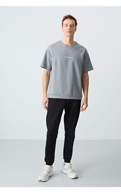 Air Jones Gri Melanj  Siyah Pamuklu Kalın Yumuşak Dokulu Oversize Fit Basic Erkek Eşofman Takım - 85261