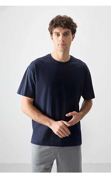 Air Jones Lacivert %100 Pamuk Kalın Yumuşak Dokulu Oversize Fit Basic Erkek T-Shirt - 88353