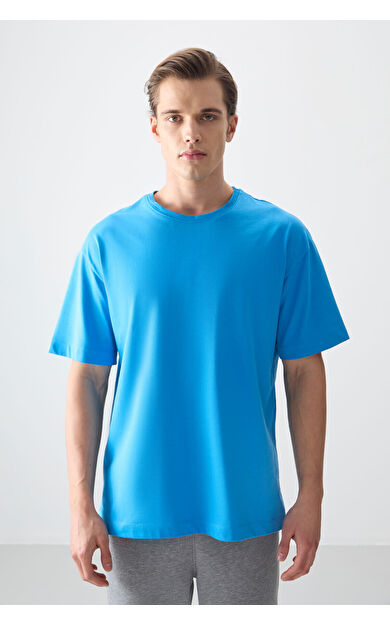 Air Jones Petrol Mavi %100 Pamuk Kalın Yumuşak Dokulu Oversize Fit Basic Erkek T-Shirt - 88353