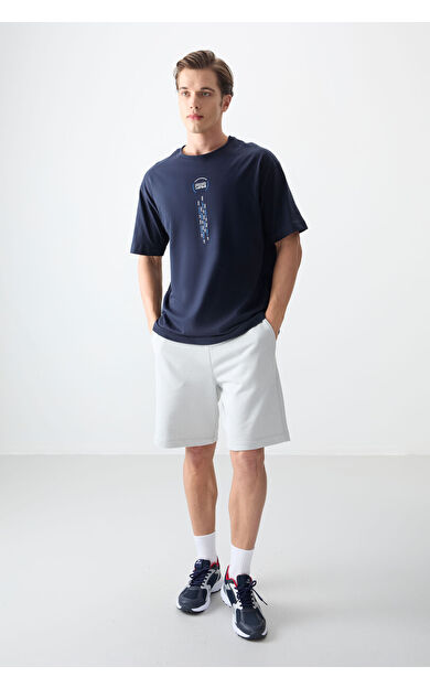 Air Jones Lacivert %100 Pamuk Kalın Yumuşak Dokulu Oversize Fit Baskılı Erkek T-Shirt - 88355