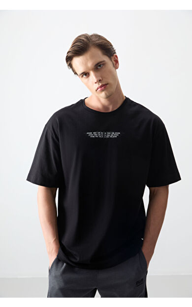 Air Jones Siyah %100 Pamuk Kalın Yumuşak Dokulu Oversize Fit Baskılı Erkek T-Shirt - 88356