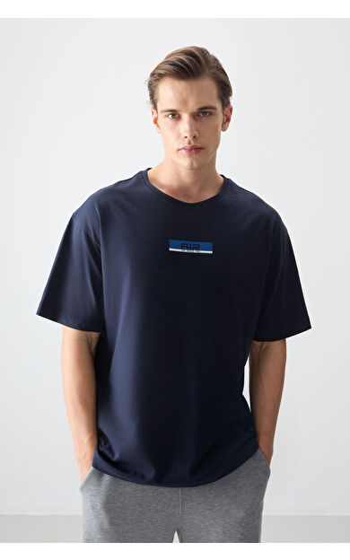 Air Jones Lacivert %100 Pamuk Kalın Yumuşak Dokulu Oversize Fit Baskılı Erkek T-Shirt - 88359