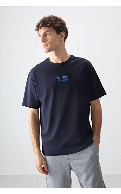 Air Jones Lacivert Pamuklu Kalın Yumuşak Dokulu Oversize Fit Baskılı Erkek T-Shirt - 88376