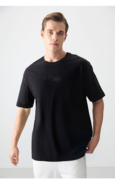 Air Jones Siyah %100 Pamuk Kalın Yumuşak Dokulu Oversize Fit Baskılı Erkek T-Shirt - 88361