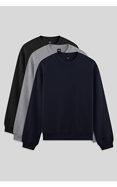 Air Jones Standart Fit Basic O Yaka 3lü Paket Siyah-Lacivert-Gri Melanj Erkek Sweatshirt - 88363