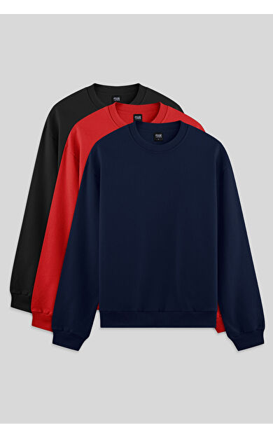 Air Jones Standart Fit Basic O Yaka 3lü Paket Siyah-İndigo-Fiesta Erkek Sweatshirt - 88363