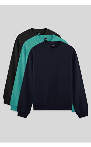 Air Jones Standart Fit Basic O Yaka 3lü Paket Siyah-Lacivert-Deniz Yeşili Erkek Sweatshirt - 88363