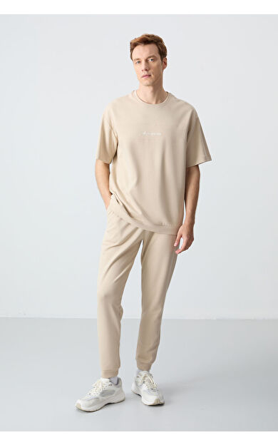 Bej Pamuklu Kalın Yumuşak Dokulu Oversize Fit Basic Erkek Eşofman Takım - 85261