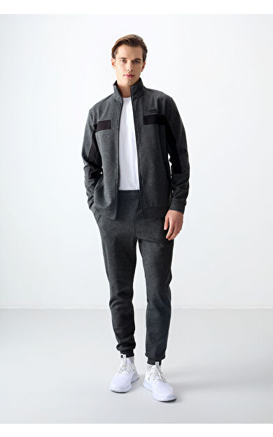 Antrasit Melanj Yüzeyi Dokulu Standart Fit Nakışlı Erkek Eşofman Takım - 85248