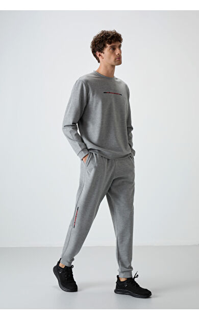 Gri Melanj Pamuklu Kalın Yumuşak Dokulu Comfort Fit Baskılı Erkek Eşofman Takım - 85239