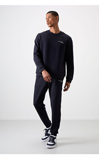 Lacivert Pamuklu Kalın Yumuşak Dokulu Comfort Fit Nakışlı Erkek Eşofman Takım - 85254